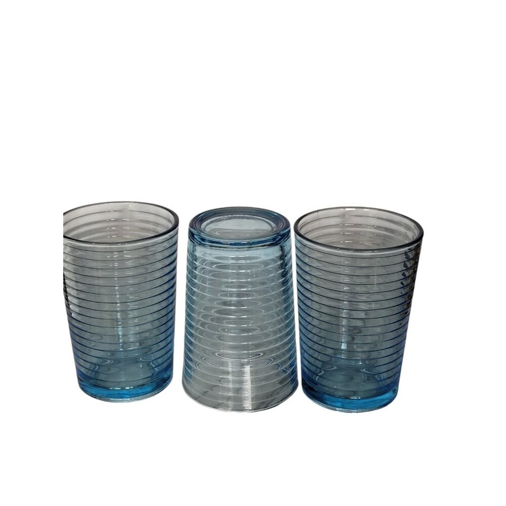 KIG Indonesia 4" Juice Glass Blue Concentric Ribbed Circular Pattern Vintage Set - Picture 2 of 13